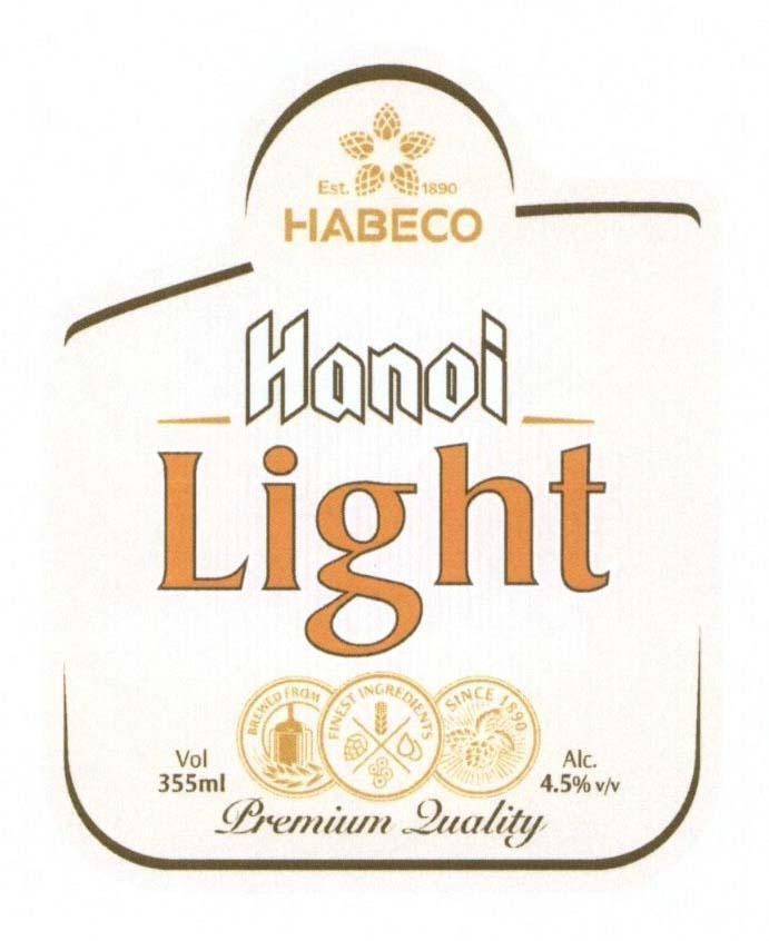 Nhãn hiệu Hanoi Light HABECO Est. 1890 Vol 355ml Alc. 4.5%vv Premium Quality  của Tổng công ty cổ phần Bia - Rượu - Nước giải khát Hà Nội, số đơn 4-2019-09754