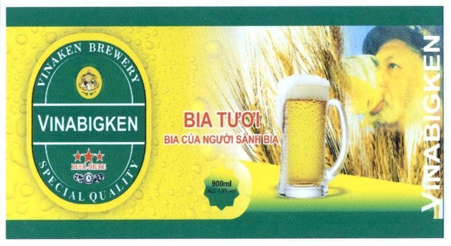 Nhãn hiệu VINABIGKEN VINAKEN BREWERY BEER BIERE SPECIAL QUALITY Bia Tươi, Bia Của Người Sành Bia, 900ml ALC 4,8% vol VINABIGKEN  của Công ty cổ phần Tiến Đồng - nhà máy bia VINAKEN, số đơn 4-2019-21033