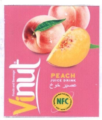 Nhãn hiệu Vinut PEACH JUICE DRINK NFC NOT FORM CONCENTRATE Foods and Beverage [easir khawkh:Nước ép đào]  của Công ty cổ phần thực phẩm và nước giải khát Nam Việt, số đơn 4-2019-31586