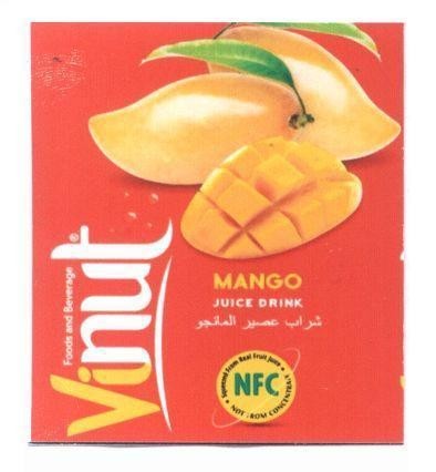 Nhãn hiệu Vinut MANGO JUICE DRINK NFC NOT FORM CONCENTRATE Foods and Beverage [shap easir almanjin: Nước ép xoài]...  của Công ty cổ phần thực phẩm và nước giải khát Nam Việt, số đơn 4-2019-31589
