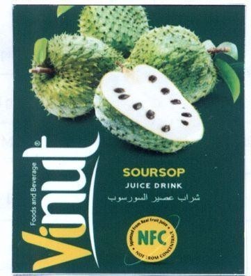 Nhãn hiệu Vinut SOURSOP JUICE DRINK NFC NOT FORM CONCENTRATE Foods and Beverage [Sharab easiralsuwrsub: Nước ép mãng cầu]...  của Công ty cổ phần thực phẩm và nước giải khát Nam Việt, số đơn 4-2019-31593