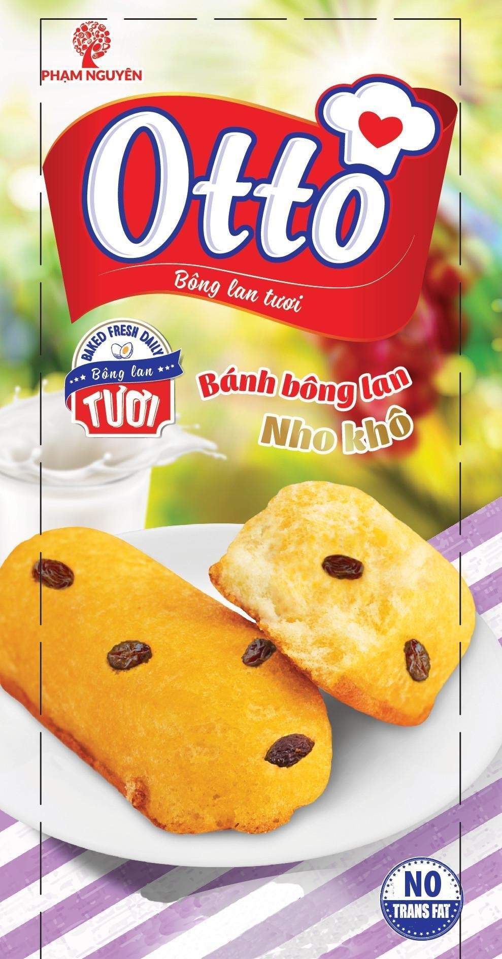 Nhãn hiệu Phạm Nguyên Otto Bông lan tươi BAKED FRESH DAILY Bánh bông lan Nho khô NO TRANS FAT  của Công ty TNHH chế biến thực phẩm & bánh kẹo Phạm Nguyên, số đơn 4-2019-34954
