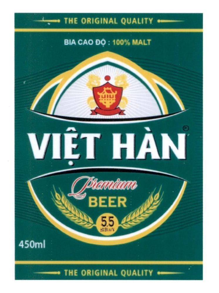 Nhãn hiệu Việt Hàn THE ORIGINAL QUALITY BIA CAO Độ: 100% MALT Premium BEER 5.5 0.5% v/V 450ml THE ORIGINAL QUALITY  của Công ty cổ phần bia quốc tế Sài Gòn Hà Nội, số đơn 4-2019-45406