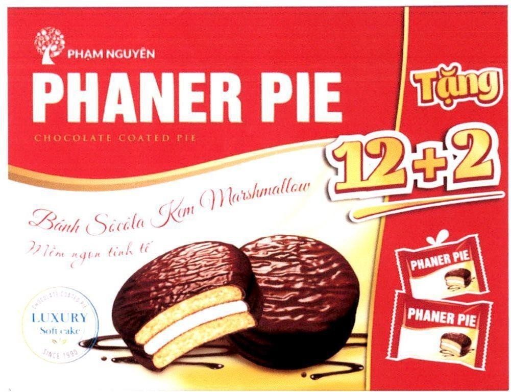 Nhãn hiệu PHANER PIE Phạm Nguyên CHOCOLATE COATED PIE Bánh Sôcôla Kem Marshmallow Mềm ngon tinh tế LUXURY Soft cake Tặng 12+2  của Công ty TNHH chế biến thực phẩm & bánh kẹo Phạm Nguyên, số đơn 4-2019-52599