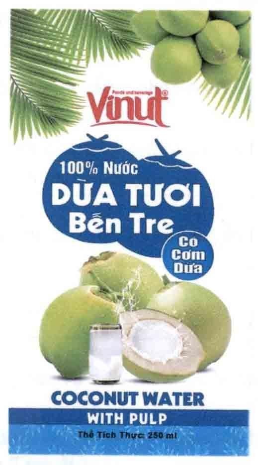 Vinut Foods and beverage 100% Nước Dừa Tươi Bến Tre Có Cơm Dừa COCONUT WATER WITH PULP Thể Tích Thực 250 ml 