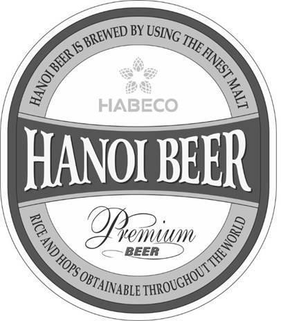 Nhãn hiệu HANOI BEER HABECO Premium BEER HANOI BEER IS BREWED BY USING THE FINEST MALT RICE AND HOPS OBTAINABLE THROGHOUT THE WORLD  của Tổng công ty cổ phần bia - rượu - nước giải khát Hà Nội, số đơn 4-2020-36421