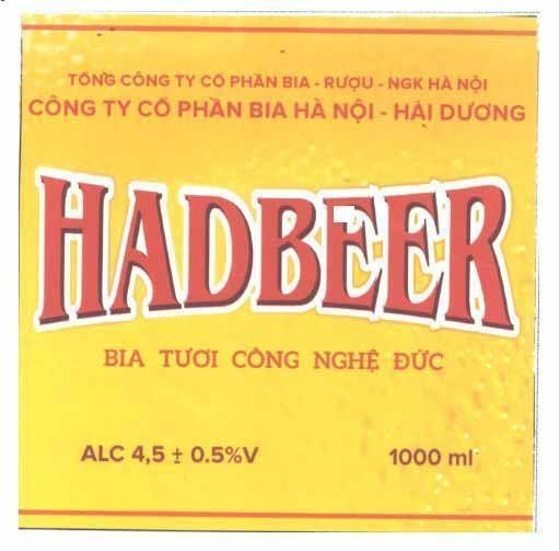 HADBEER Bia Tươi Công Nghệ Đức Tổng Công Ty Cổ Phần Bia - Rượu - NGK Hà Nội Công Ty Cổ Phần Bia Hà Nội - Hải Dương ALC 4,5 + 0.5%V 1000 ml 