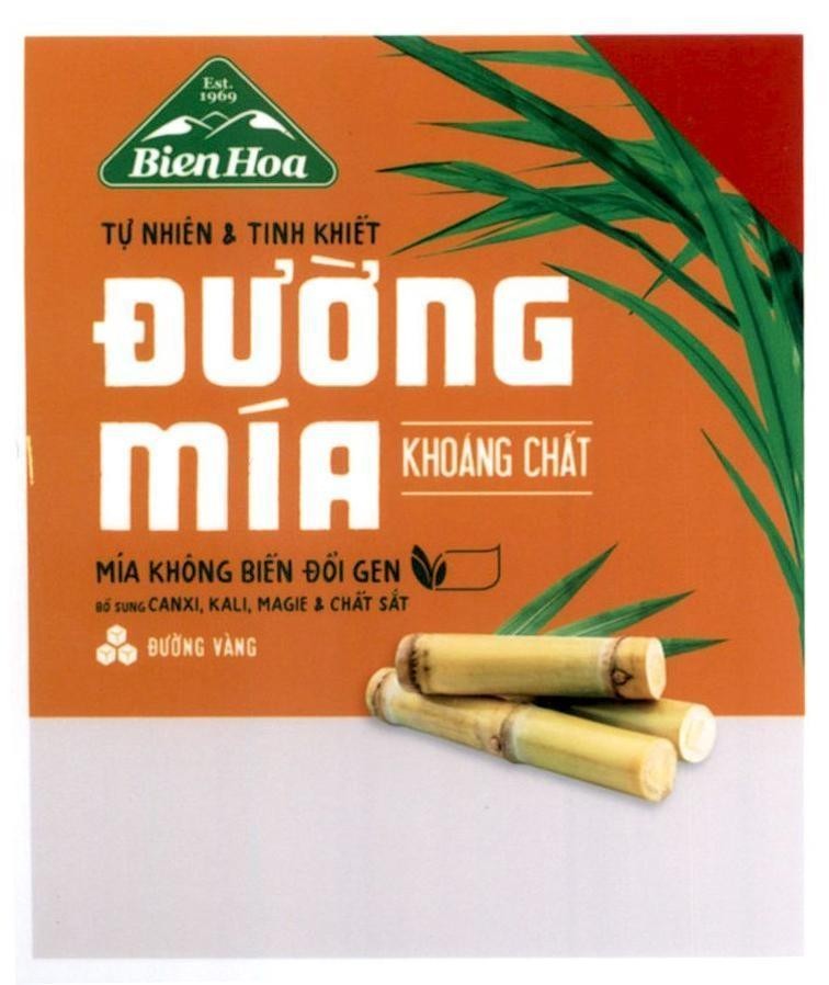 Trademark Est. 1969 BienHoa Tự nhiên & Tinh khiết Đường Mía khoáng chất Mía không biến đổi gen Đường Vàng  of Công ty cổ phần hàng tiêu dùng Biên Hòa, application No 4-2021-07196