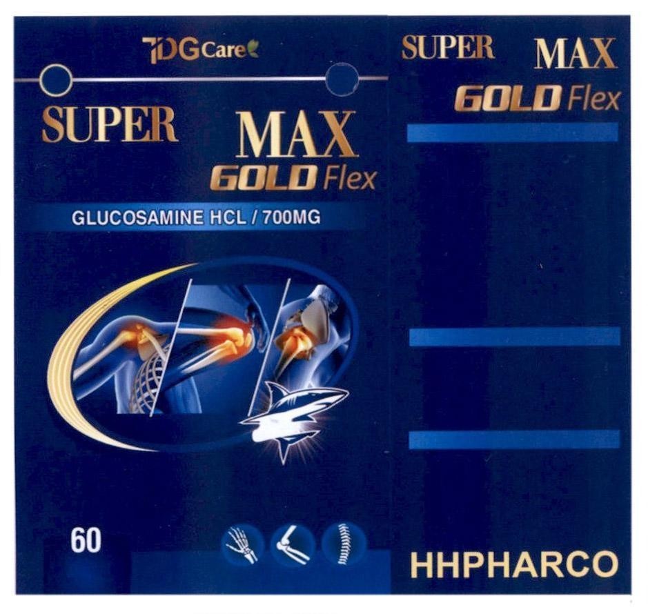 Nhãn hiệu SUPER MAX GOLD Flex GLUCOSAMINE HCL/700MG TDGCare 60 HHPHARCO  của Công ty trách nhiệm hữu hạn TMDV&XNK Hoàng Hải Phát, số đơn 4-2021-30527
