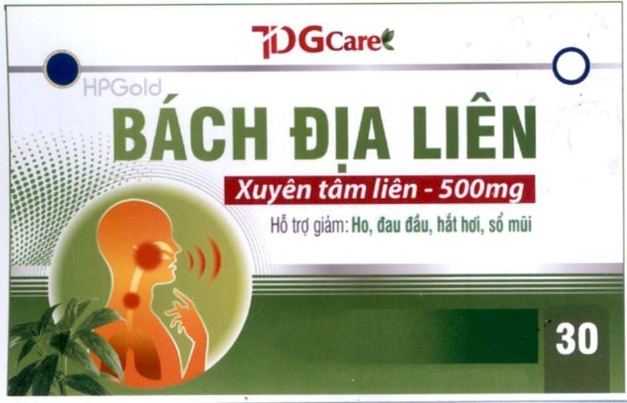 Nhãn hiệu TDGCare HPGold Bách Địa Liên Xuyên tâm liên - 500mg Hỗ trợ giảm: Ho, đau đầu, hắt hơi, sổ mũi 30  của Công ty trách nhiệm hữu hạn TMDV&XNK Hoàng Hải Phát, số đơn 4-2021-31781