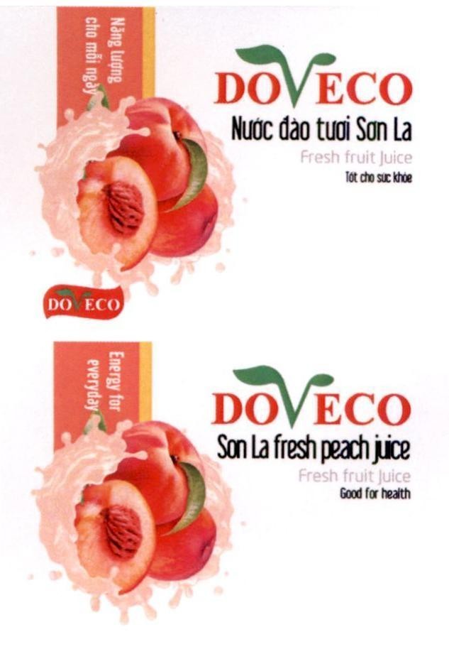 Nhãn hiệu DOVECO Nước đào tươi Sơn La Fresh fruit Juice Tốt cho sức khỏe Năng lượng cho mỗi ngày Son La fresh peach juice Good for health  của Công ty cổ phần thực phẩm xuất khẩu Đồng Giao, số đơn 4-2021-32272
