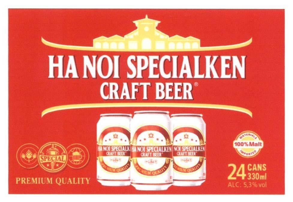 Trademark HA NOI SPECIALKEN CRAFT BEER SPECIAL PREMIUM QUALITY 100% Malt MATERIALS IMPORTED 24 CANS 330ml ALC. 5.3% vol  of Công ty cổ phần bia quốc tế Sài Gòn Hà Nội, application No 4-2021-33288