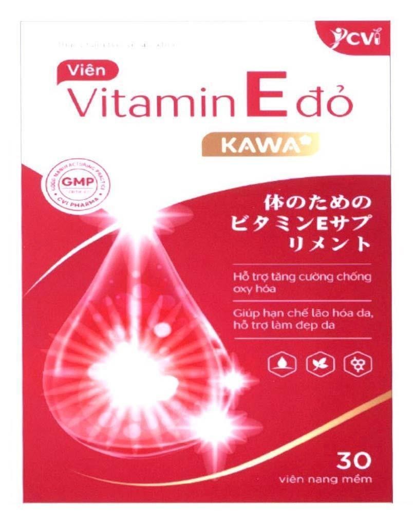 Nhãn hiệu Vitamin E đỏ KAWA JCVI GMP Certified CVI PHARMA GOOD MANUFACTURING PRACTICE Thực phẩm bảo vệ sức khỏe Hỗ trợ tăng cường chống oxy hóa Giúp hạn chế lão hóa da hỗ trợ làm đẹp da [Karada no tame no bitamin E sapurimento: Bổ sung vitamin E cho cơ thể]  của Công ty cổ phần dược mỹ phẩm CVI, số đơn 4-2021-37471
