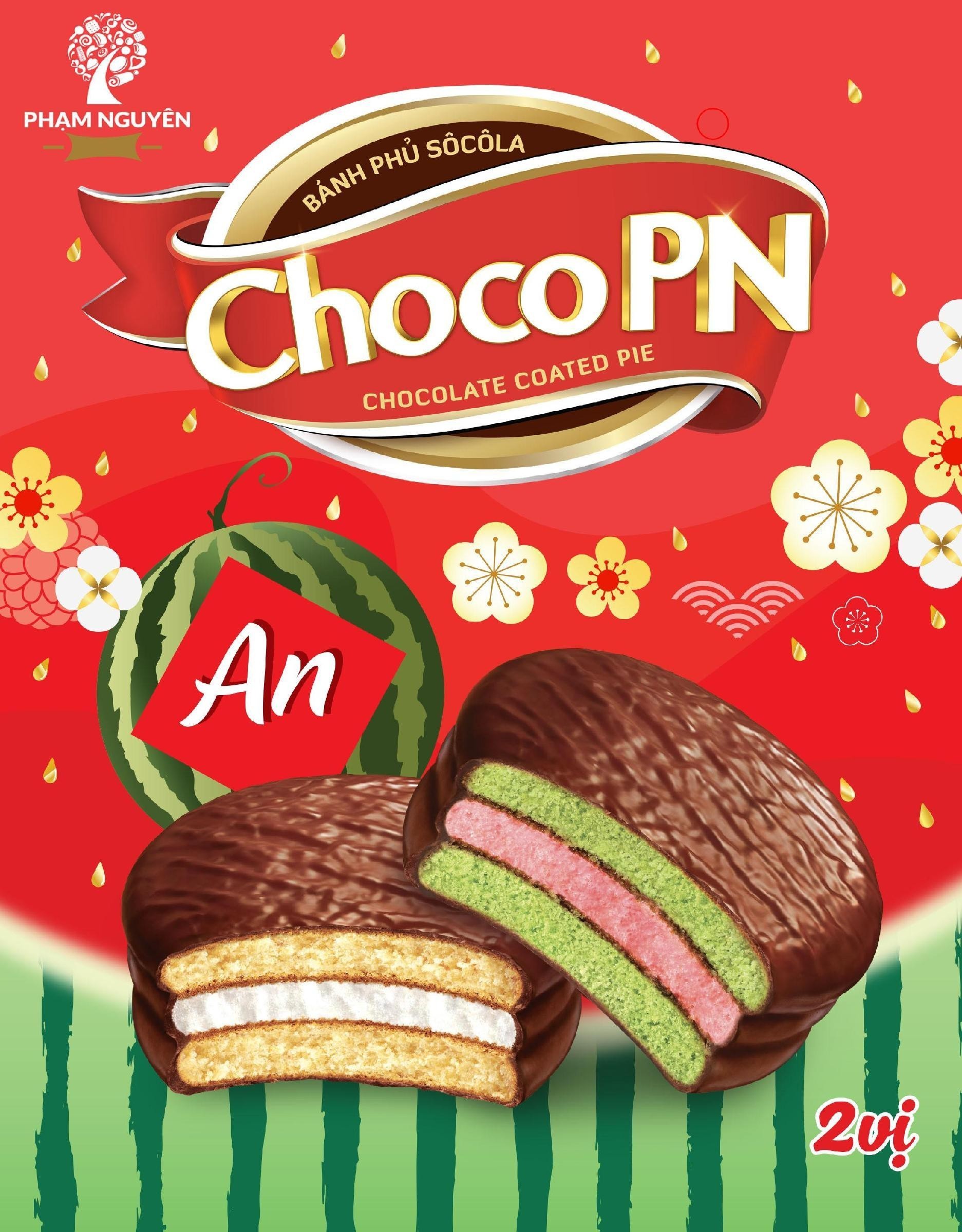 Nhãn hiệu Phạm Nguyên ChocoPN Bánh Phủ Sô Cô La CHOCOLATE COATED PIE An 2 vị  của Công ty TNHH chế biến thực phẩm & bánh kẹo Phạm Nguyên, số đơn 4-2021-38217