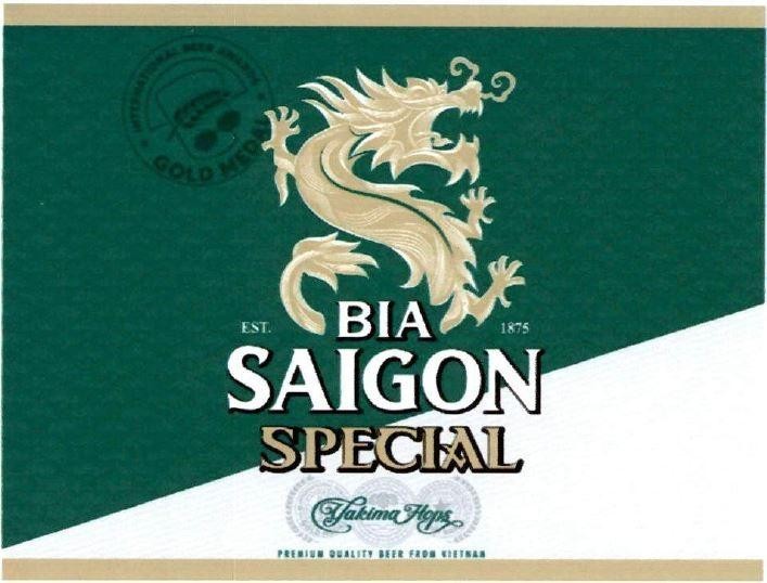Nhãn hiệu BIA SAIGON SPECIAL Yakima Hops PREMIUM QUALITY BEER FROM VIETNAM EST. 1875 INTERNATIONAL BEER AWARDS GOLD MEDAL  của Tổng công ty cổ phần bia - rượu - nước giải khát Sài Gòn, số đơn 4-2021-43580