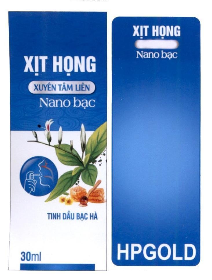 Nhãn hiệu Xịt Họng Xuyên Tâm Liên Nano bạc Tinh Dầu Bạc Hà 30ml Xịt Họng Nano bạc HPGOLD  của Công ty trách nhiệm hữu hạn TMDV&XNK Hoàng Hải Phát, số đơn 4-2021-44262