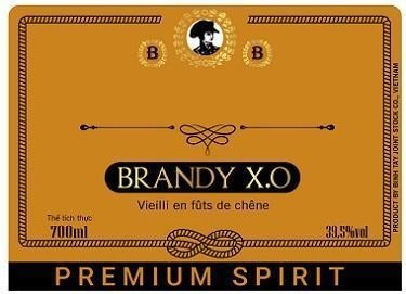 BB BRANDY X.O PREMIUM SPIRIT Vieilli en futs de chêne PRODUCT OF BINH TAY JOINT STOCK CO., VIETNAM Thể tích thực 700ml, 39.5%vol 