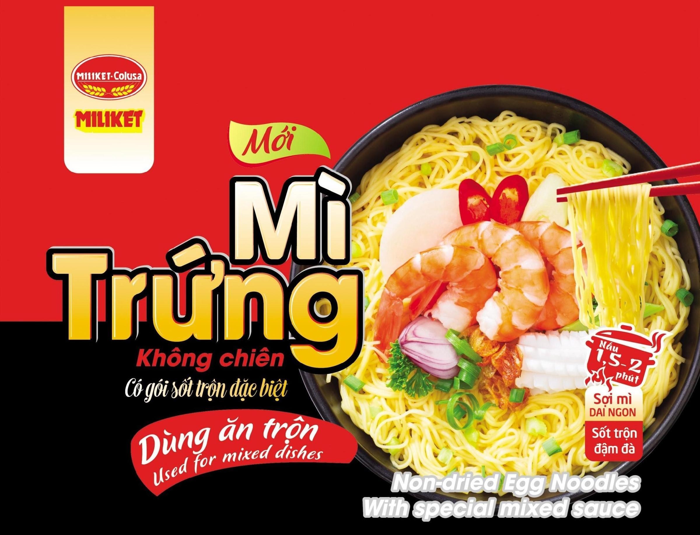 Trademark MILIKET-Colusa MILIKET Mới Mì Trứng Không chiên Có gói sốt trộn đặc biệt Dùng ăn trộn Used for mixed dishes Nấu 1,5-2 phút Sợi mì DAI NGON Sốt trộn đậm đà Non-dried Egg Noodles With special mixed sauce  of Công ty cổ phần lương thực thực phẩm COLUSA-MILIKET, application No 4-2022-05820