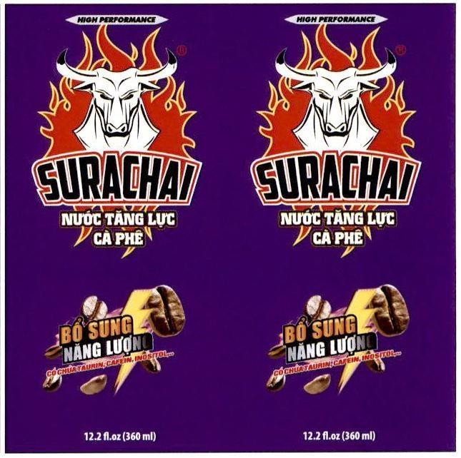 Nhãn hiệu SURACHAI Nước Tăng Lực Cà Phê Bổ Sung Năng Lượng HIGH PERFORMANCE Có Chứa TAURIN, CAFEIN, INOSITOL 12.2 fl.oz (360 ml) SURACHAI Nước Tăng Lực Cà Phê Bổ Sung Năng Lượng HIGH PERFORMANCE Có Chứa TAURIN, CAFEIN, INOSITOL 12.2 fl.oz (360 ml)  của Công ty cổ phần Tập đoàn VIHAMARK, số đơn 4-2022-16799