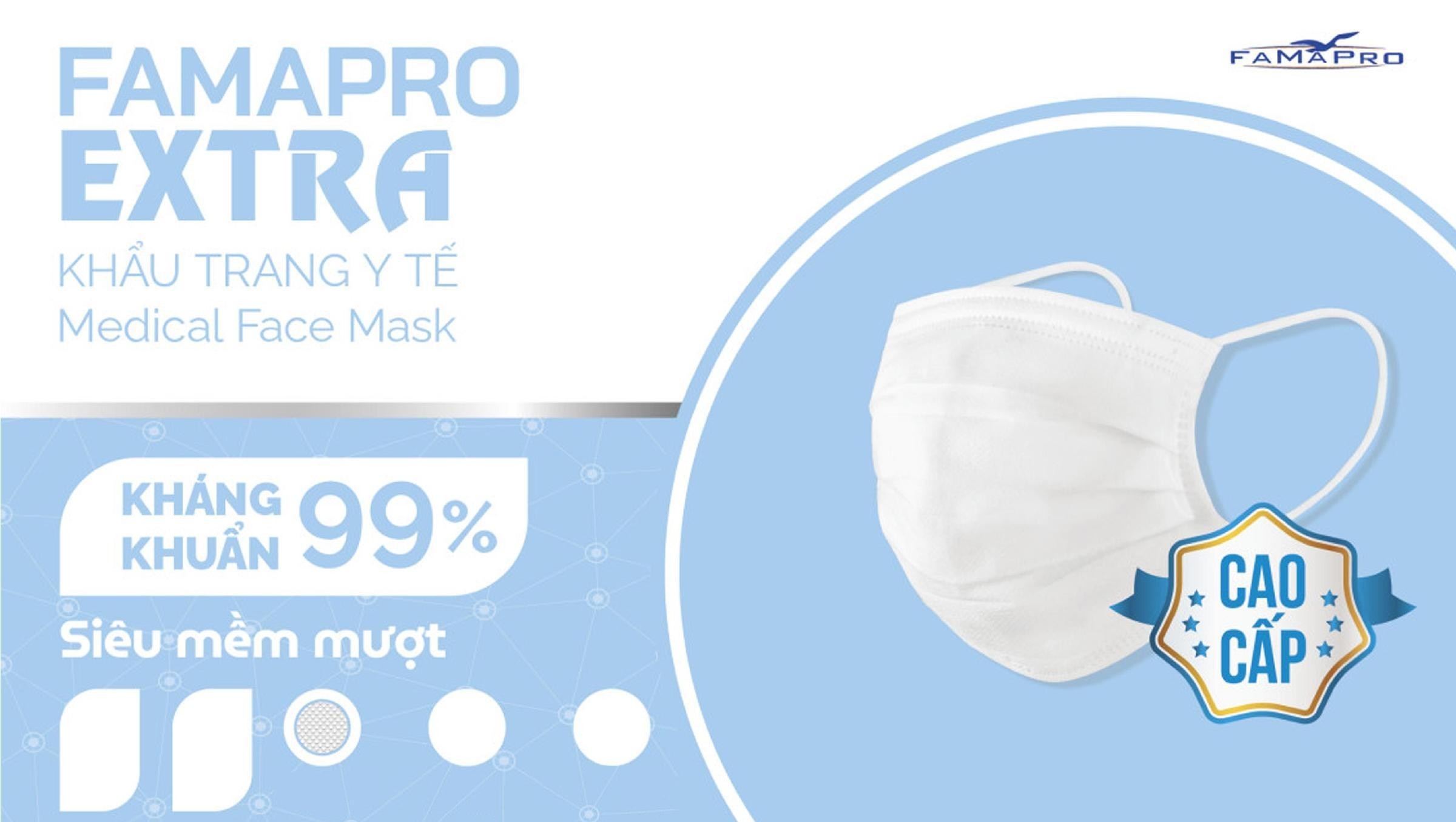 Nhãn hiệu FAMAPRO EXTRA Khẩu Trang Y Tế Medical Face Mask Kháng Khuẩn 99% Siêu mềm mượt FAMAPRO Cao Cấp  của Công ty TNHH sản xuất thương mại thiết bị NAM ANH, số đơn 4-2022-29561