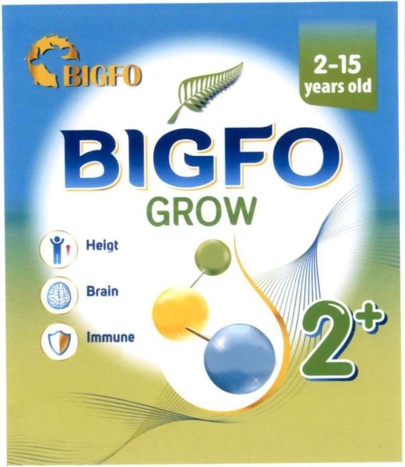 Trademark BIGFO BIGFO GROW Heigt Brain Immune 2-15 years old 2+  of Công ty trách nhiệm hữu hạn dược phẩm Anh Thy, application No 4-2022-50133