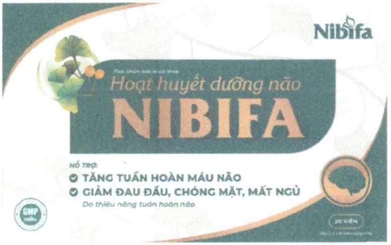 Nhãn hiệu Nibifa Thực phẩm bảo vệ sức khỏe Hoạt huyết dưỡng não NIBIFA HỖ TRỢ: TĂNG TUẦN HOÀN MÁU NÃO GIẢM ĐAU ĐẦU, CHÓNG MẶT, MẤT NGỦ Do thiểu năng tuần hoàn não GMP Nibifa Good Manufacturing Practice 20 VIÊN Hộp 2 vỉ x 10 viên nang cứng  của Công ty cổ phần dược phẩm Ninh Bình, số đơn 4-2022-54151