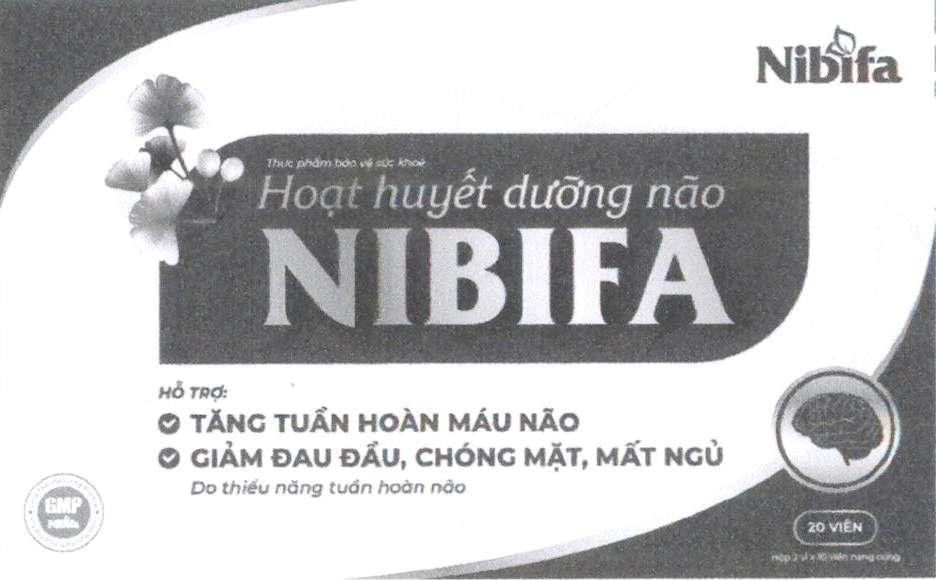 Nhãn hiệu Nibifa Thực phẩm bảo vệ sức khỏe Hoạt huyết dưỡng não NIBIFA HỖ TRỢ: TĂNG TUẦN HOÀN MÁU NÃO GIẢM ĐAU ĐẦU, CHÓNG MẶT, MẤT NGỦ Do thiểu năng tuần hoàn não GMP Nibifa Good Manufacturing Practice 20 VIÊN Hộp 2 vỉ x 10 viên nang cứng  của Công ty cổ phần dược phẩm Ninh Bình, số đơn 4-2022-54152