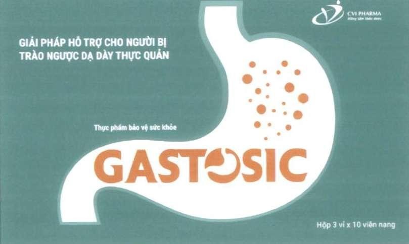 Nhãn hiệu GASTOSIC GIẢI PHÁP HỖ TRỢ CHO NGƯỜI BỊ TRÀO NGƯỢC DẠ DÀY THỰC QUẢN Thực phẩm bảo vệ sức khỏe CVI PHARMA Nâng tầm thảo dược Hộp 3 vỉ x 10 viên nang  của Công ty cổ phần dược mỹ phẩm CVI, số đơn 4-2023-03750