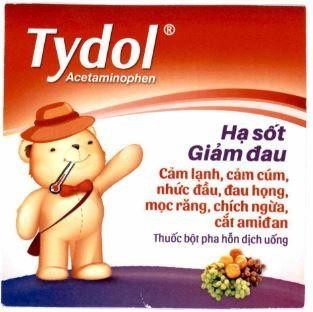 Tydol Acetaminophen Hạ sốt Giảm đau Cảm lạnh, cảm cúm, nhức đầu, đau họng, mọc răng, chích ngừa, cắt amiđan Thuốc bột pha hỗn dịch uống 
