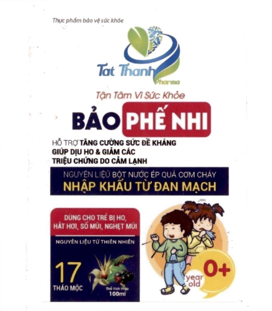 BẢO PHẾ NHI Tat Thanh Pharma Tận Tâm Vì Sức Khỏe Thực phẩm bảo vệ sức khỏe HỖ TRỢ TĂNG CƯỜNG SỨC ĐỀ KHÁNG GIÚP XOA DỊU HO & GIẢM CÁC TRIỆU CHỨNG DO CẢM LẠNH NGUYÊN LIỆU BỘT NƯỚC ÉP QUẢ CƠM CHÁY NHẬP KHẨU TỪ ĐAN MẠCH DÙNG CHO TRẺ BỊ HO, HẮT HƠI, SỔ MŨI, NGHẸT MŨI NGUYÊN LIỆU TỪ THIÊN NHIÊN 17 THẢO MỘC Thể tích thực 100ml 0+ year old 