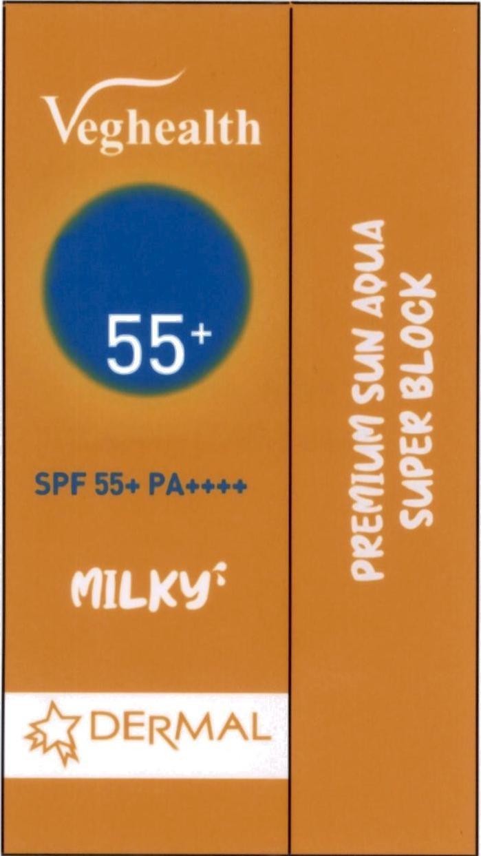 Công ty cổ phần thương mại và dược phẩm Trường An的Veghealth 55+ SPF 55+ PA++++ MILKY DERMAL PREMIUM SUN AQUA SUPER BLOCK 品牌, 申请号 4-2023-16857