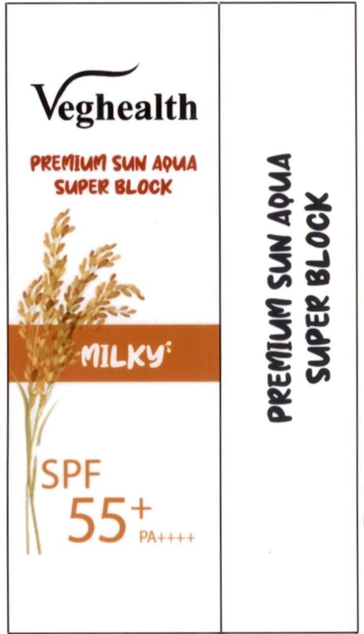 Công ty cổ phần thương mại và dược phẩm Trường An的Veghealth PREMIUM SUN AQUA SUPER BLOCK MILKY SPF 55+ PA++++ PREMIUM SUN AQUA SUPER BLOCK 品牌, 申请号 4-2023-16858
