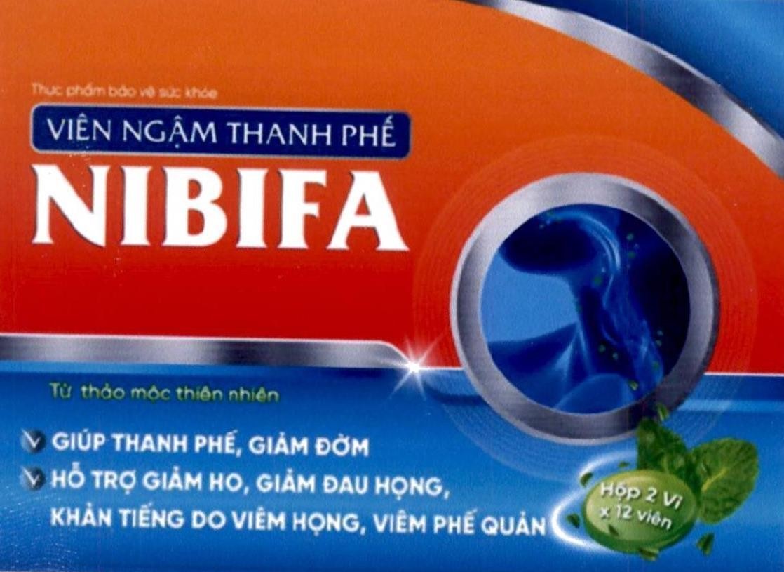 Nhãn hiệu Thực phẩm bảo vệ sức khỏe VIÊN NGẬM THANH PHẾ NIBIFA Từ thảo mộc thiên nhiên GIÚP THANH PHẾ, GIẢM ĐỜM HỖ TRỢ GIẢM HO, GIẢM ĐAU HỌNG, KHÀN TIẾNG DO VIÊM HỌNG, VIÊM PHẾ QUẢN Hộp 2 vỉ x 12 viên  của Công ty cổ phần dược phẩm Ninh Bình, số đơn 4-2023-25683