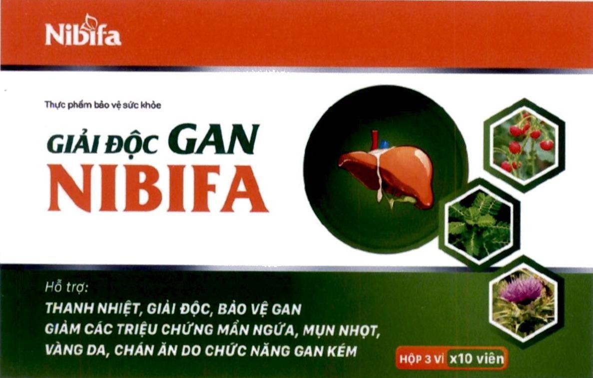 Nhãn hiệu NIBIFA Thực phẩm bảo vệ sức khỏe GIẢI ĐỘC GAN NIBIFA Hỗ trợ: THANH NHIỆT, GIẢI ĐỘC, BẢO VỆ GAN GIẢM CÁC TRIỆU CHỨNG MẨN NGỨA, MỤN NHỌT, VÀNG DA, CHÁN ĂN DO CHỨC NĂNG GAN KÉM Hộp 3 vỉ x 10 viên  của Công ty cổ phần dược phẩm Ninh Bình, số đơn 4-2023-25684