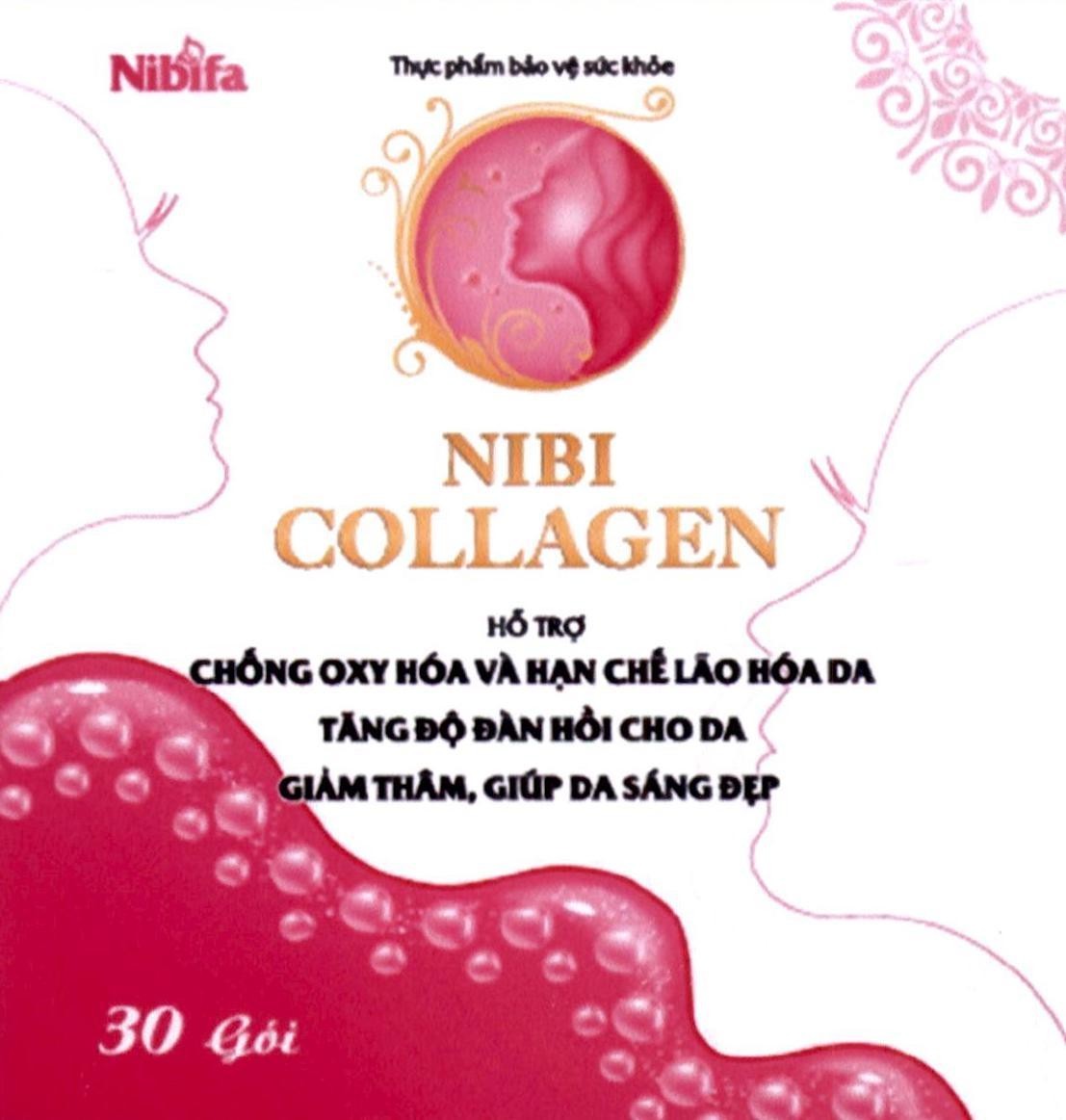 Nhãn hiệu Nibifa Thực phẩm bảo vệ sức khỏe NIBI COLLAGEN HỖ TRỢ CHỐNG OXY HÓA VÀ HẠN CHẾ LÃO HÓA DA TĂNG ĐỘ ĐÀN HỒI CHO DA GIẢM THÂM, GIÚP DA SÁNG ĐẸP 30 Gói  của Công ty cổ phần dược phẩm Ninh Bình, số đơn 4-2023-25686