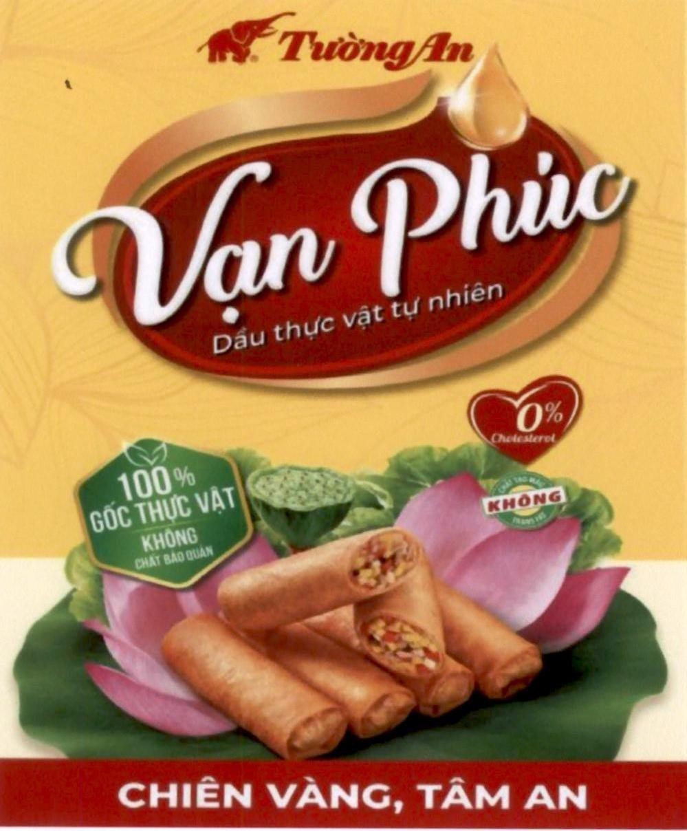 Nhãn hiệu Vạn Phúc Dầu thực vật tự nhiên Tường An CHIÊN VÀNG, TÂM AN 100% GỐC THỰC VẬT KHÔNG CHẤT BẢO QUẢN 0% Cholesterol KHÔNG Chất tạo màu và Trans fat  của Công ty cổ phần dầu thực vật Tường An, số đơn 4-2023-39342