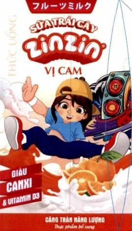 Nhãn hiệu SỮA TRÁI CÂY zinzin VỊ CAM THỨC UỐNG GIÀU CANXI & VITAMIN D3 CĂNG TRÀN NĂNG LƯỢNG Thực phẩm bổ sung [phư-rư-trư-mi-rư-cư: sữa trái cây]  của CÔNG TY CỔ PHẦN MORINAGA NUTRITIONAL FOODS VIỆT NAM, số đơn 4-2023-48333