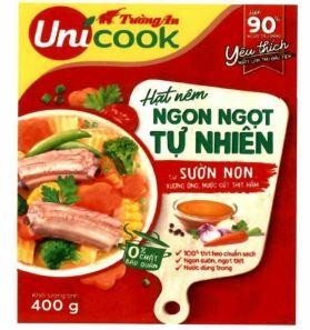 Nhãn hiệu Tường An UniCOOK Hơn 90% NGƯỜI TIÊU DÙNG Yêu thích NGAY LẦN THỬ ĐẦU TIÊN Hạt nêm NGON NGỌT TỰ NHIÊN từ SƯỜN NON, XƯƠNG ỐNGNƯỚC CỐT THỊT HẦM 100% thịt heo chuẩn sạch Ngon sườn, ngọt thịt Nước dùng trong KHỐI LƯỢNG TỊNH 400g 0% CHẤT BẢO QUẢN  của CÔNG TY CỔ PHẦN DẦU THỰC VẬT TƯỜNG AN, số đơn 4-2023-59391