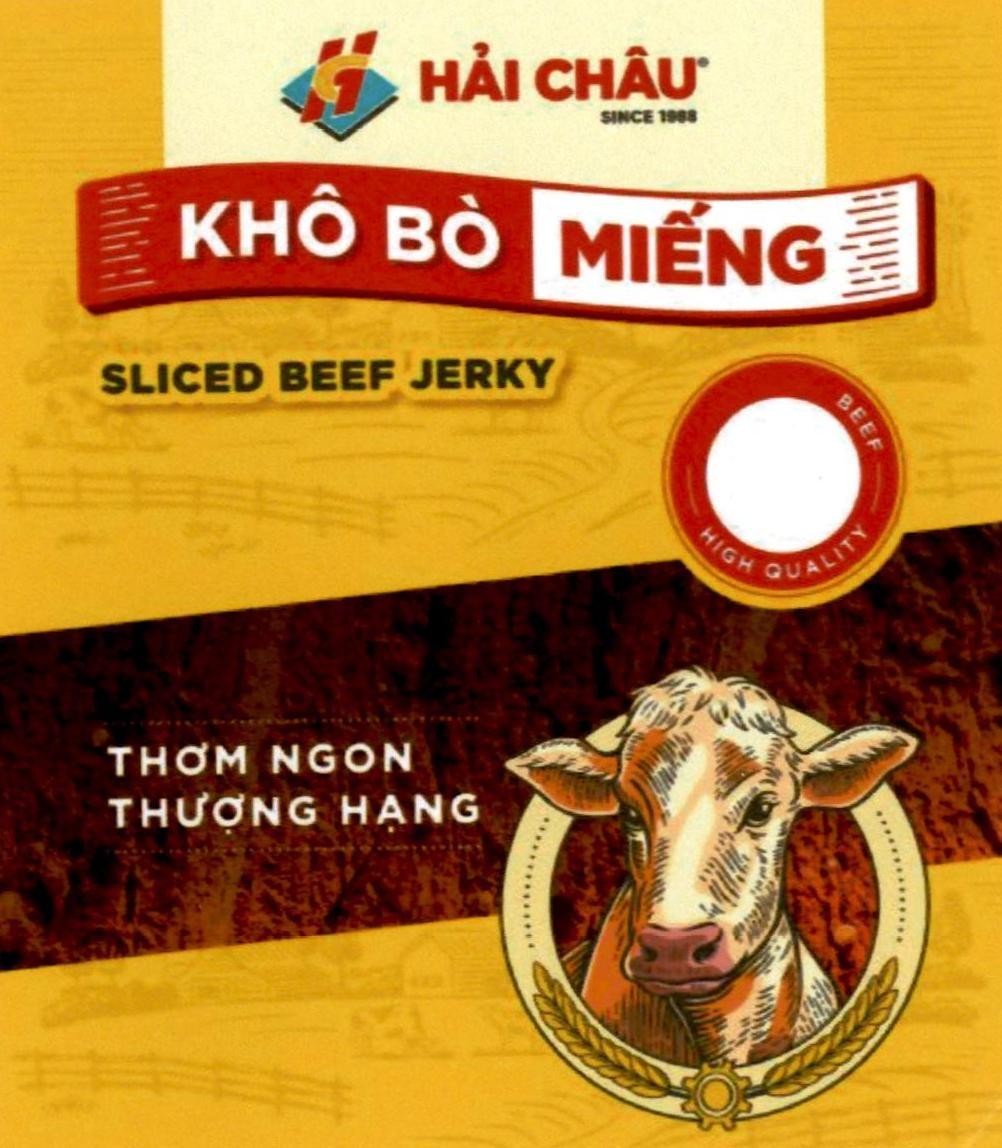 Công ty TNHH thương mại sản xuất thực phẩm Hải Châu的KHÔ BÒ MIẾNG HC HẢI CHÂU SINCE 1988 SLICED BEEF JERKY THƠM NGON THƯỢNG HẠNG BEEF HIGH QUALITY 品牌, 申请号 4-2024-03903