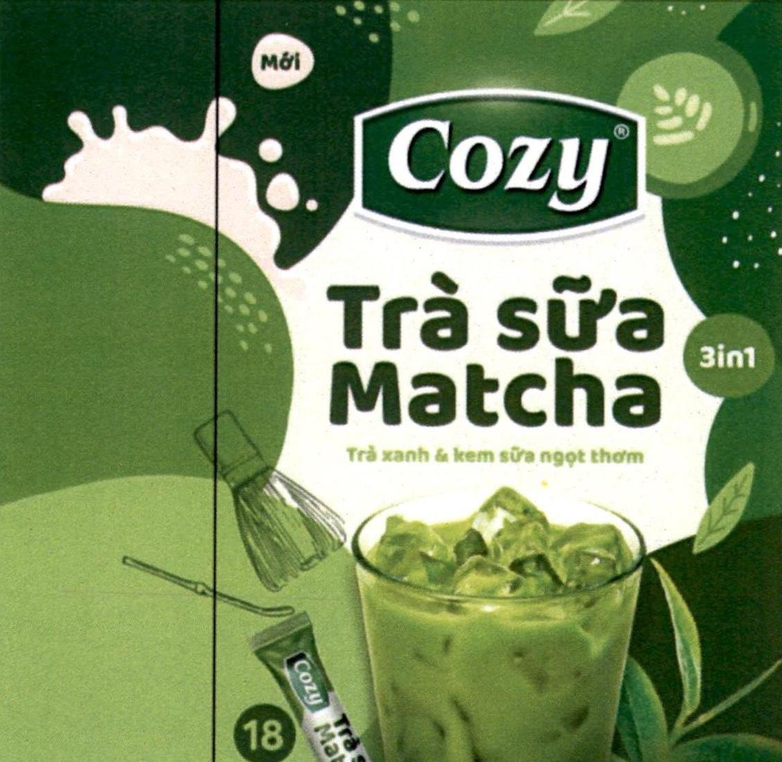Nhãn hiệu Cozy Trà sữa Matcha Mới 3in1 Trà xanh và kem sữa ngọt thơm 18  của Công ty cổ phần sản phẩm Sinh Thái, số đơn 4-2024-08844
