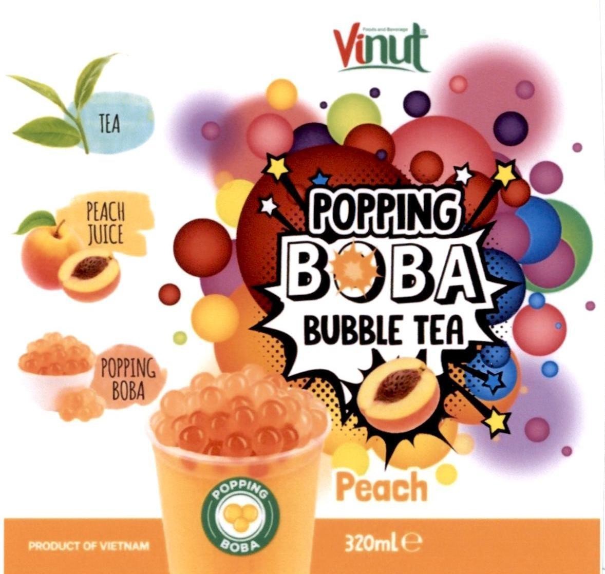 Nhãn hiệu Foods and Beverage Vinut POPPING BOBA BUBBLE TEA TEA PEACH JUICE POPPING BOBA PEACH PRODUCT OF VIETNAM 320ml e  của Công ty cổ phần thực phẩm và nước giải khát Nam Việt, số đơn 4-2024-12923