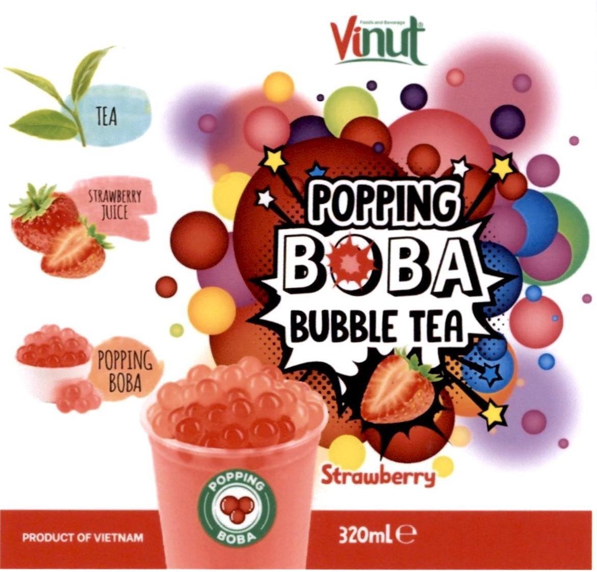 Nhãn hiệu Foods and Beverage Vinut POPPING BOBA BUBBLE TEA TEA STRAWBERRY JUICE POPPING BOBA Strawberry PRODUCT OF VIETNAM 320ml e  của Công ty cổ phần thực phẩm và nước giải khát Nam Việt, số đơn 4-2024-12924