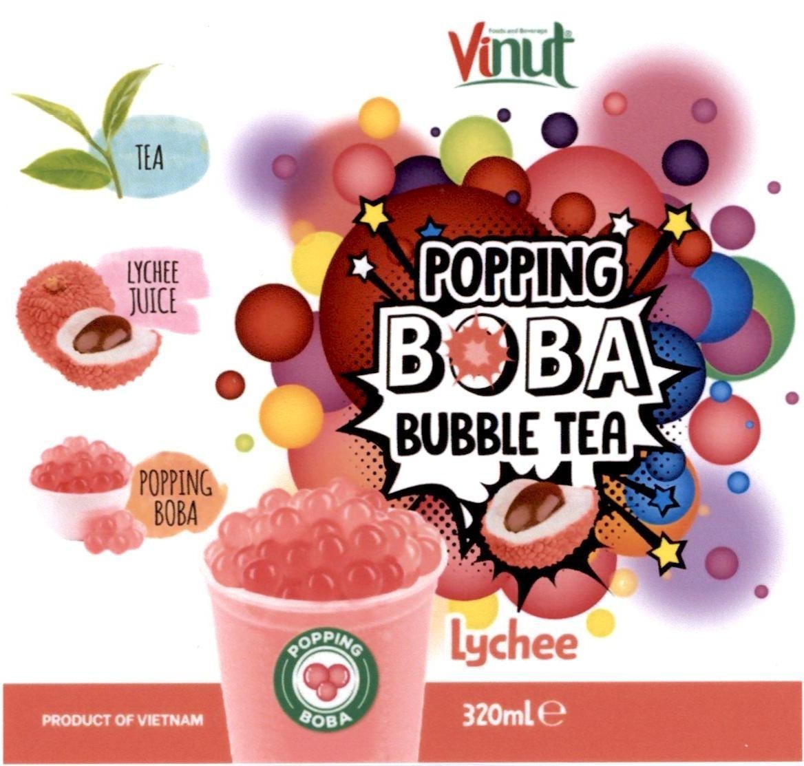 Nhãn hiệu Foods and Beverage Vinut POPPING BOBA BUBBLE TEA TEA LYCHEE JUICE POPPING BOBA Lychee PRODUCT OF VIETNAM 320ml e  của Công ty cổ phần thực phẩm và nước giải khát Nam Việt, số đơn 4-2024-12925