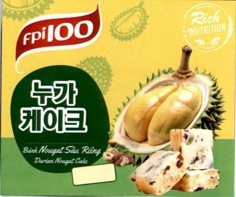 Nhãn hiệu fpi100 Rich NUTRITION Bánh Nougat sầu Riêng Durian Nougat Cake [nuga keikeu: bánh kẹo dẻo]  của CÔNG TY CỒ PHẦN TẬP ĐOÀN VIHAMARK, số đơn 4-2024-57339