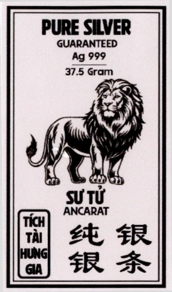 PURE SLVER GUARANTEED SƯ TỬ ANCARAT TÍCH TÀI HƯNG GIA Ag 999 37.5 Gram [chún yín: bạc nguyên chất; yín tiáo: bạc thỏi] 