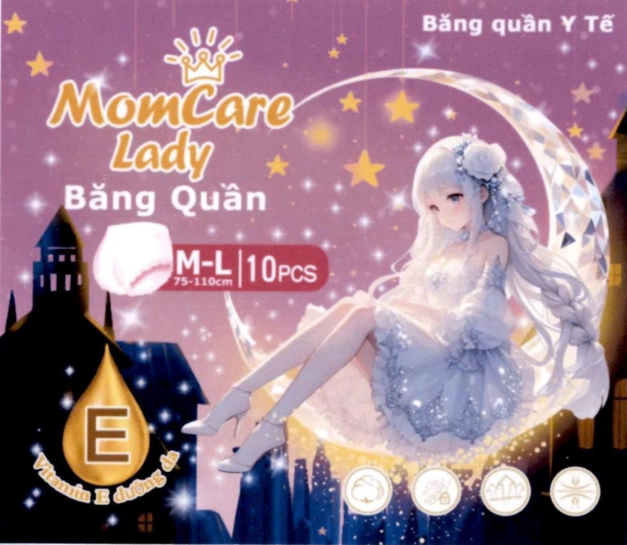 Nhãn hiệu MomCare Lady Băng Quần Băng quần Y Tế M-L 75-110cm 10 PCS E Vitamin E dưỡng da  của Mai Thị Trang, số đơn 4-2025-16037