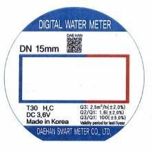 Nhãn hiệu DIGITAL WATER METER DN 15mm DAE HAN T30 H,C DC 3.6V Made in Korea Q3: 2.5m3/h(+-2%) Q2/Q1: 1.6(+-2%) Q3/Q1:100 (+-5%) Validity period for test:5year DAEHAN SMART METER CO.,LTD.  của CÔNG TY TNHH AT PHARMA VIỆT NAM, số đơn 4-2025-23259