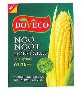 Nhãn hiệu DOVECO NGÔ NGỌT ĐỒNG GIAO TỶ LỆ HẠT NGÔ: 63.16% TẠO NÊN NHỮNG MÓN ĂN HOÀN HẢO TRỌNG LƯỢNG TỊNH: 380G TRỌNG LƯỢNG CÁI: 240G MỚI  của CÔNG TY CỔ PHẦN THỰC PHẨM XUẤT KHẨU ĐỒNG GIAO, số đơn 4-2025-38064
