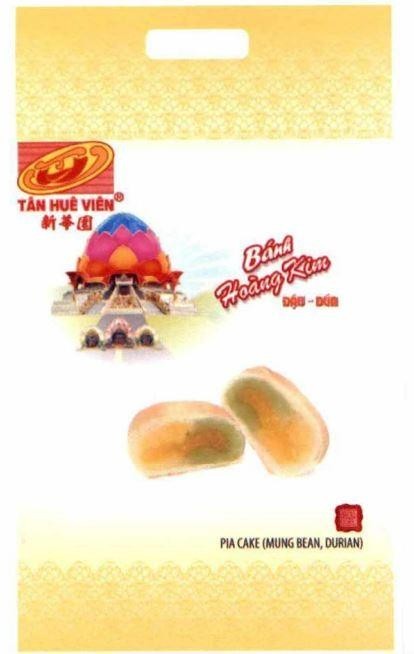 Công ty TNHH chế biến thực phẩm bánh pía lạp xưởng Tân Huê Viên的TÂN HUÊ VIÊN THV Bánh Hoàng Kim ĐẬU-DỨA PIA CAKE (MUNG BEAN, DURIAN) [xin hua yuan: tân huê viên] 品牌, 申请号 4-2025-38210