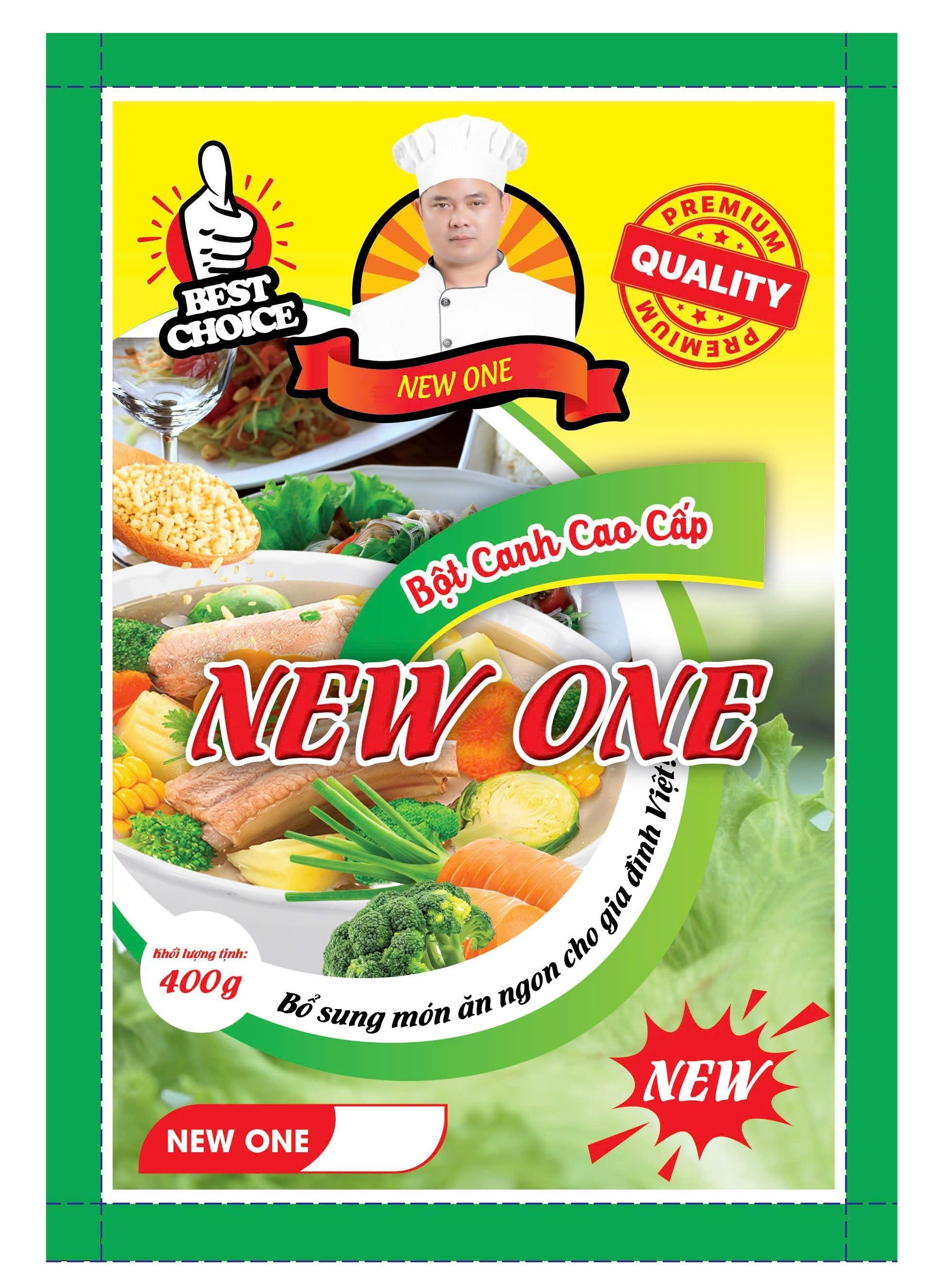 Nhãn hiệu NEW ONE Bột Canh Cao Cấp Bổ sung món ăn ngon cho gia đình Việt Khối lượng tịnh 400g BEST CHOICE PREMIUM QUALITY NEW  của Đỗ Thanh Bình, số đơn 4-2025-62263